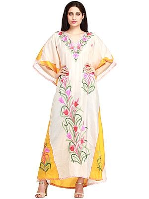 Powder-Puff and Yellow Kaftan from Kashmir with Floral Aari-Embroidery