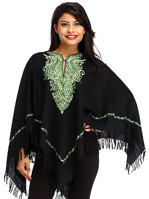 Black and Green Kashmiri Poncho with Hand-Embroidered Paisleys on Neck