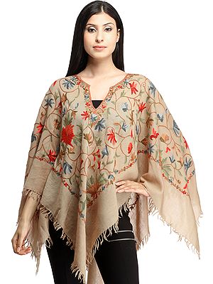 Plaza-Taupe Poncho from Kashmir with Aari Hand-Embroidered Flowers