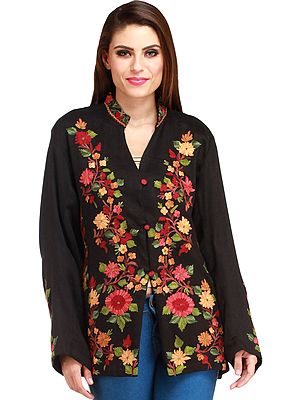 Jet-Black Jacket from Kashmir with Aari Hand-Embroidered Flowers
