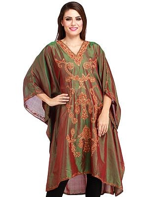 Vineyard-Green Kashmiri Short Kaftan with Aari Hand-Embroidery