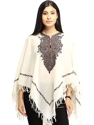 Ivory Poncho from Kashmir with Aari Hand-Embroidered Paisleys on Neck