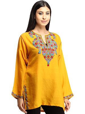 Mineral-Yellow Kashmiri Kurti with Aari Hand-Embroidered Flowers on Neck
