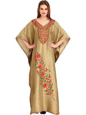 Pale-Khaki Kaftan from Kashmir with Aari Floral-Embroidery