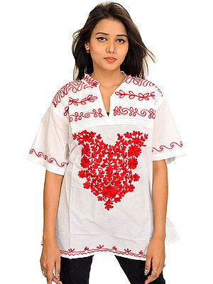 White and Red Wool-Embroidered Kurti