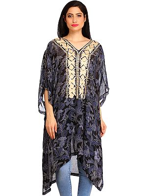 Black and Blue Floral Printed Kaftan from Kashmir with Aari Embroidery on Neck