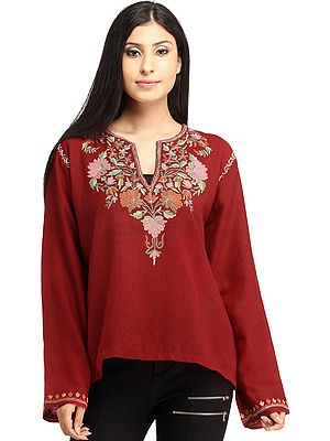 Maroon Kashmiri Short Kurti with Aari Hand-Embroidery on Neck