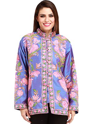 Regatta-Blue Kashmiri Jacket with Aari Embroidered Flowers