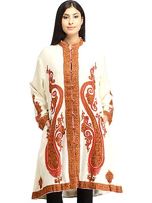 Off-White Long Jacket from Kashmir with Aari Hand-Embroidered Giant Paisleys