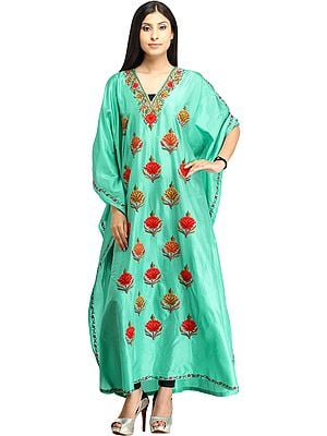 Cockatoo-Green Kaftan from Kashmir with Aari Hand-Embroidered Flowers