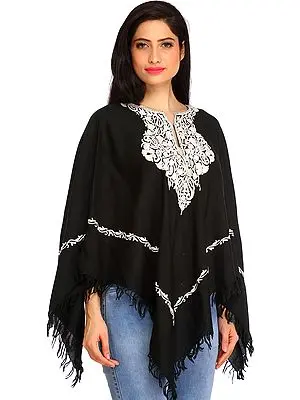 Black and White Poncho from Kashmir with Aari Embroidered Paisleys on Neck
