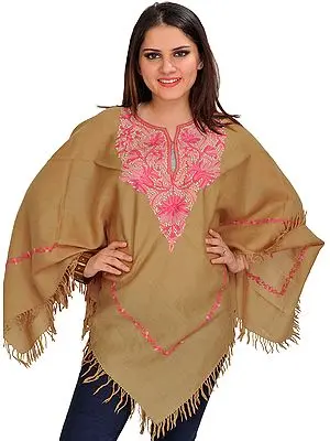 Pale-Khaki Aari Kashmiri Poncho with Pink Floral Hand-Embroidery on Neck