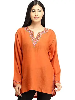 Plain Kurti from Kashmir with Aari Hand-Embroidered Flowers on Neck