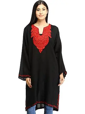 Caviar-Black Phiran from Kashmir with Aari Hand-Embroidery on Neck
