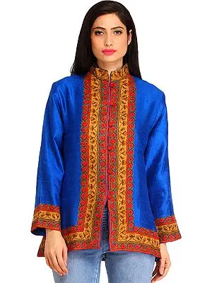 Imperial-Blue Jacket from Kashmir with Aari Hand-Embroidery on Border