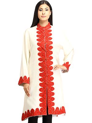 Ivory and Red Long Jacket from Kashmir with Aari Hand-Embroidery on Border