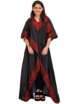 Black and Red Stylized Kaftan from Kashmir with Aari-Embroidered Paisleys on Border