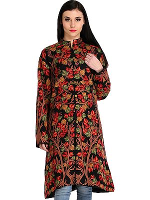 Phantom-Black Long Jacket from Kashmir with Aari Hand-Embroidered Maple Tree