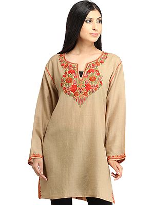 Pale-Khaki Kurti from Kashmir with Aari Hand-Embroidered Floral Neck