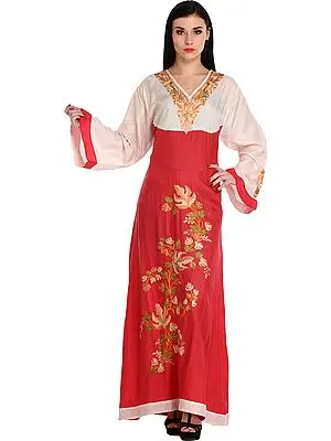 Cream and Red Gown from Kashmir With Aari-Embroidered Maple Leaves
