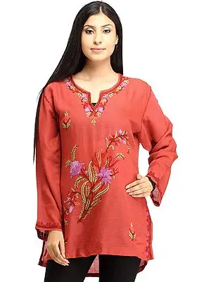 Spiced-Coral Kurti from Kashmir with Aari-Embroidery by Hand