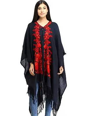 Insignia-Blue Cape from Kashmir with Aari Floral-Embroidery in Red