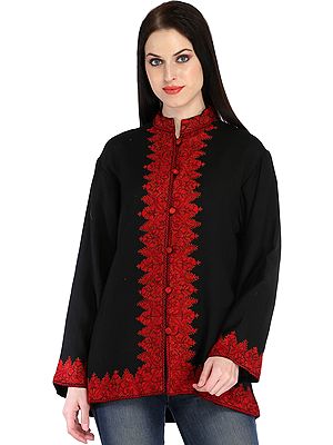 Caviar-Black Jacket from Kashmir with Aari Hand-Embroidered Paisley Border