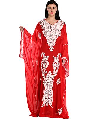 Chinese-Red Two Piece Gown from Kashmir with Aari-Embroidered Paisleys