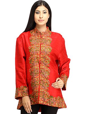 Tomato-Red Aari Kashmiri Jacket with Floral Hand-Embroidery on Border