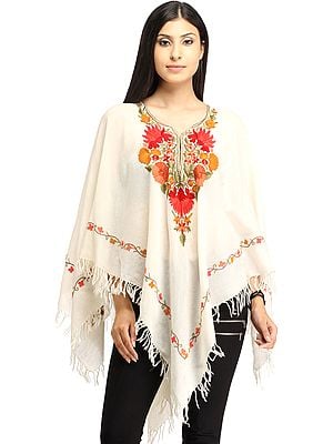 Ivory Poncho from Kashmir with Aari Hand-Embroidered Flowers on Neck