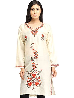 Ivory Kurti from Kashmir with Aari Hand-Embroidery