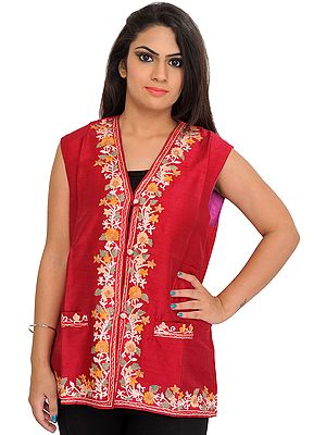 Claret-Red Waistcoat from Kashmir with Aari Hand-Embroidered Flowers on Border
