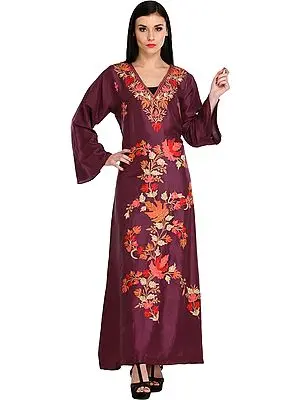 Dark-Purple Gown from Kashmir With Aari-Embroidered Maple Leaves