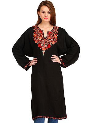 Caviar-Black Phiran from Kashmir with Aari Hand-Embroidery on Neck