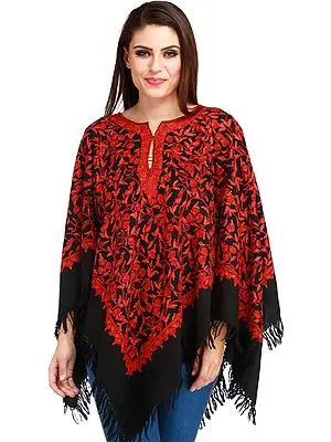 Black and Red Poncho from Kashmir with Aari Hand-Embroidery All-Over