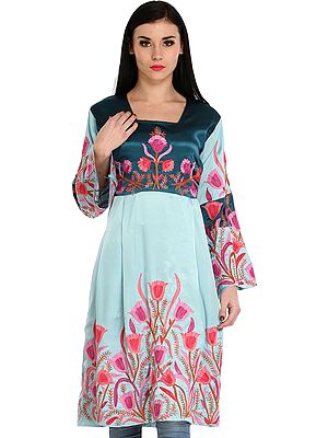 Mediterranea and Pastel-Blue Dress from Kashmir With Aari-Embroidered Flowers