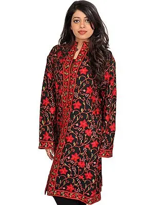 Black and Red Long Jacket from Kashmir with Aari Hand-Embroidered Maple Leaves