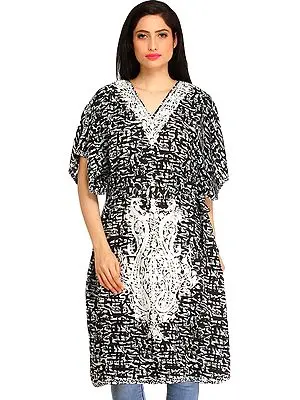 Black and White Printed Kaftan from Kashmir with Aari-Embroidered Paisleys