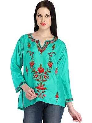 Bright-Aqua Kurti from Kashmir with Aari-Embroidery by Hand