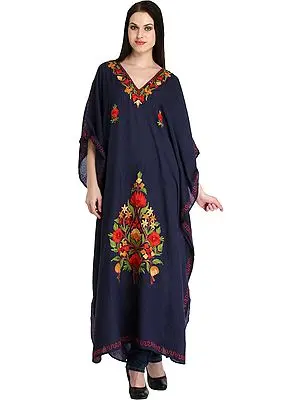 Blue-Indigo Kaftan from Kashmir with Aari-Embroidery