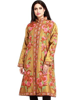 Mustard-Gold Jacket from Kashmir with Aari Hand-Embroidered Flowers