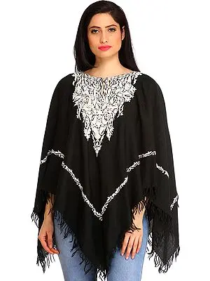 Black and White Poncho from Kashmir with Aari-Embroidered Paisleys