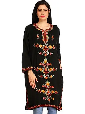 Caviar-Black Phiran from Kashmir with Aari Hand-Embroidery