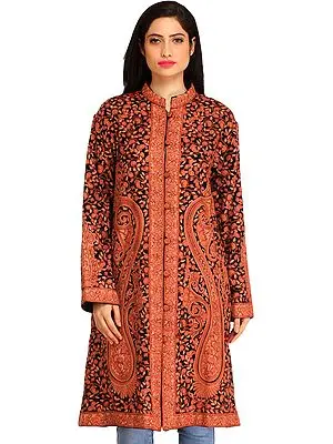 Black and Brown Kashmiri Long Jacket with Hand-Embroidered Paisleys All-Over