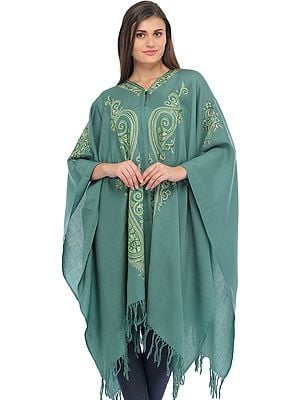 Beryl-Green Cape from Kashmir with Aari Hand-Embroidered Paisleys