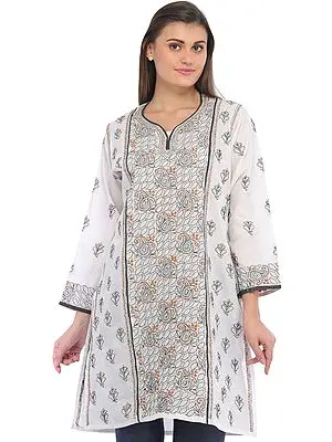 White Chikan Hand-Embroidered Kurti from Lucknow
