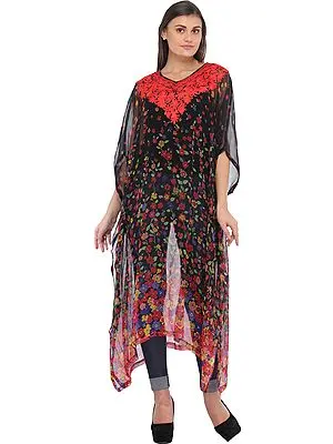 Caviar-Black Digital Floral Printed Kaftan from Kashmir with Aari-Embroidery on Neck