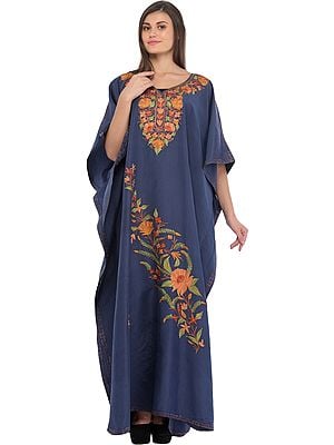 Blue-Indigo Kashmiri Kaftan with Aari Floral-Embroidery