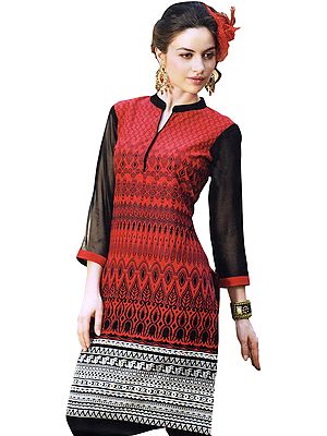 Red and Black Kurti with Printed Motifs