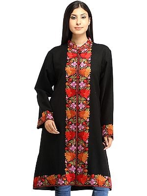 Phantom-Black Long Jacket from Kashmir with Aari Hand-Embroidered Flowers on Border